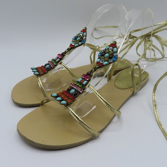 Express Womens 9 Lace Up Gladiator Flat Sandals Multicolor Rhinestone Gems Gold - Picture 9 of 9